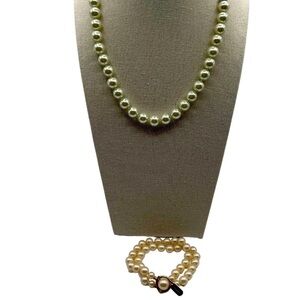 Elegant Faux Pearl Necklace & Bracelet Set With Rose Clasp